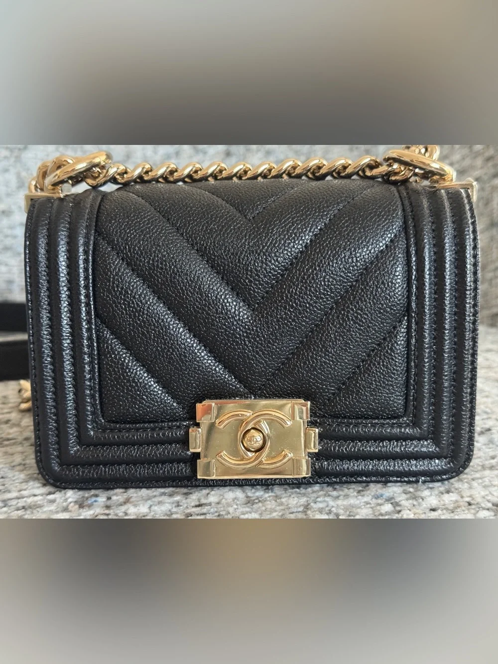 Chanel Black Mini Boy Bag Chevron Quilted Caviar Leather - Light Gold Chain